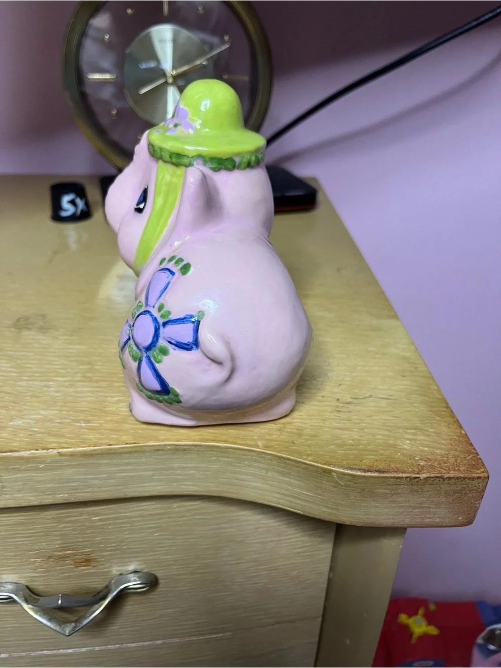Pink Ceramic Elephant Bank with Lime Green Accents